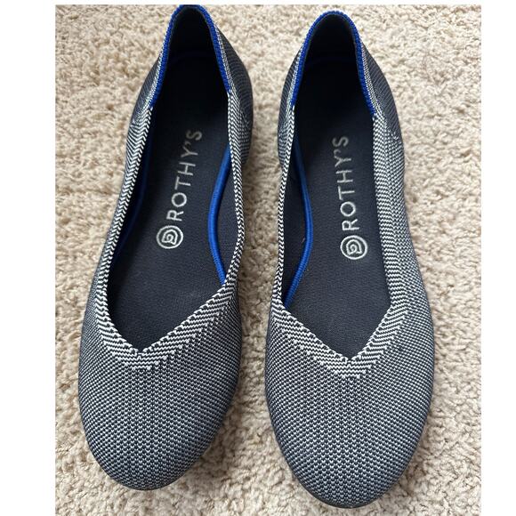 Rothy's Round Toe Birdseye Flat Shoes Knit Black White Blue Trim Women's Size 9 - Picture 5 of 8
